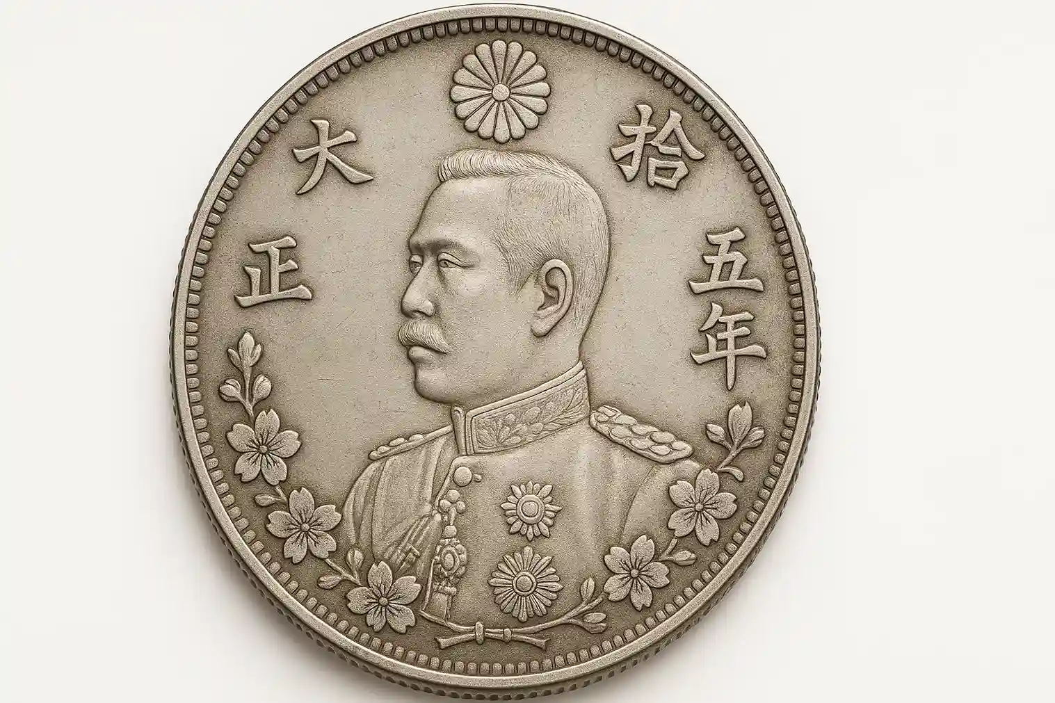 a Japanese Taishō era silver commemorative coin featuring Emperor Taishō in uniform, surrounded by cherry blossoms and traditional Japanese inscriptions.