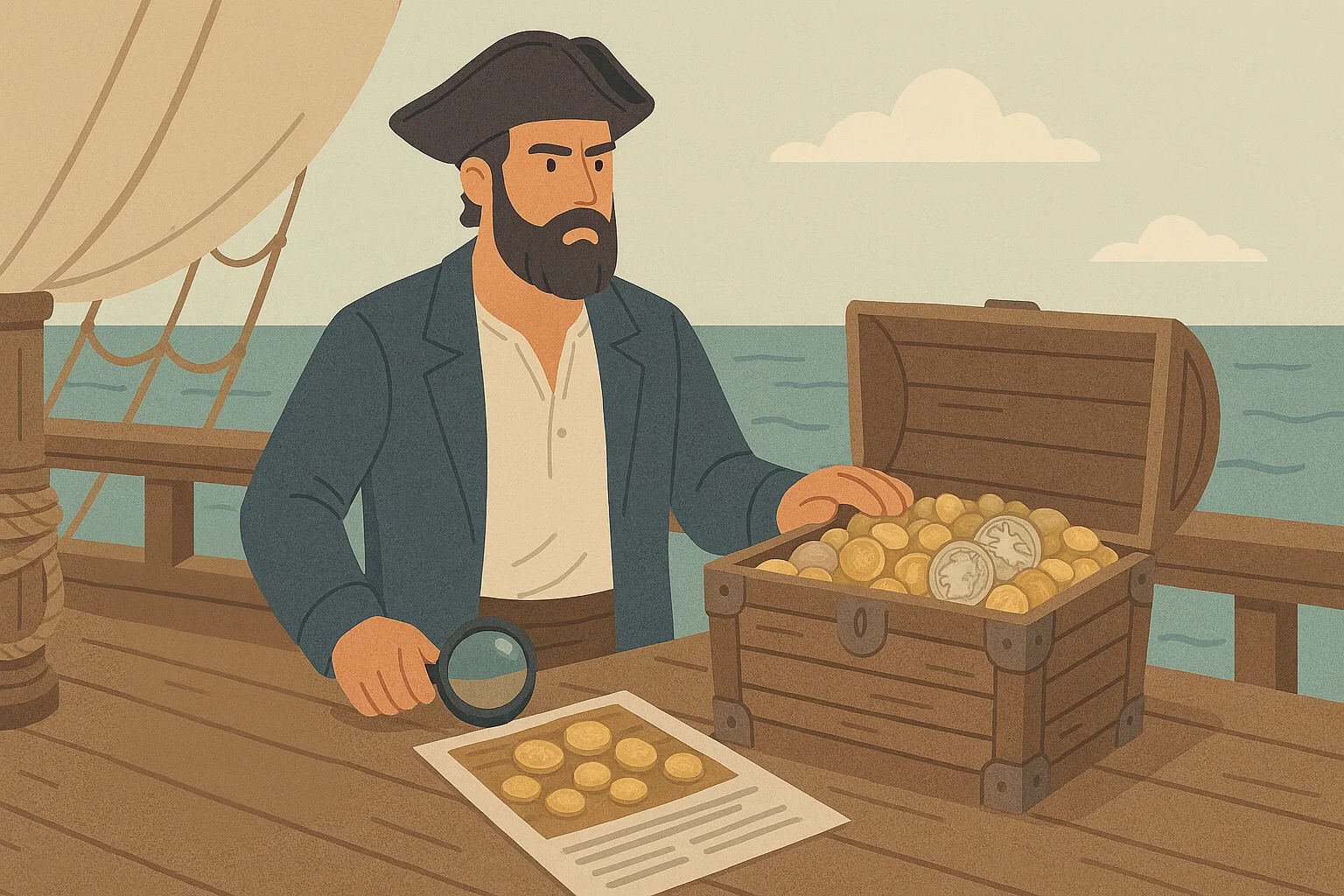 A pirate stands on a ship with a chest full of golden and silver coins.