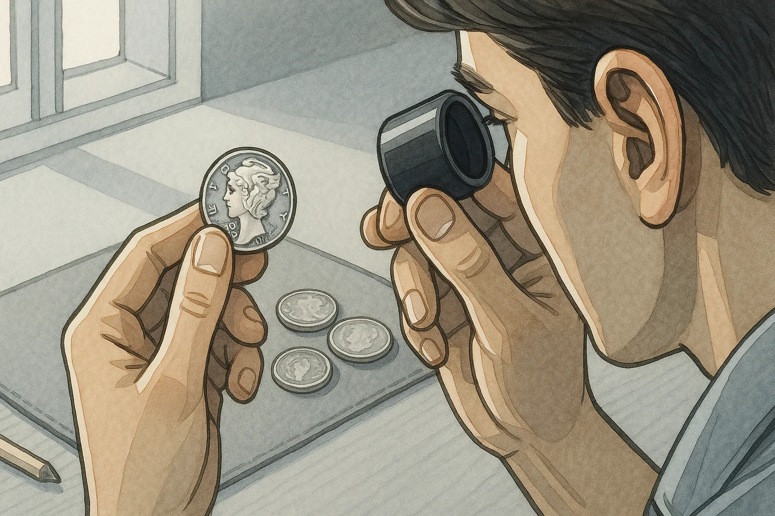 A collector observes an antique U.S. quarter via the professional magnifying glass.