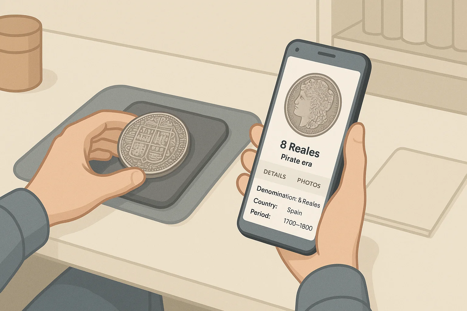 A collector checks the value of an 8-reales Spanish coin via Coin ID Scanner,