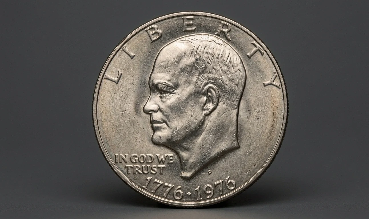 Close-up of a Bicentennial Eisenhower dollar coin (1776–1976)